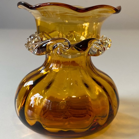 Vintage Pilgrim Glass Amber Vase with Applied Clear Glass Accents - 3.5” - Picture 2 of 10